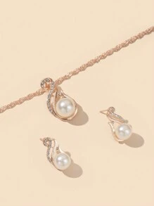 1pc Charm Rhinestone & Faux Pearl Water Drop Pendant Necklace And 1pair Earrings For Women, Holiday Birthday Present