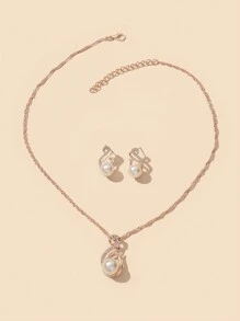 1pc Charm Rhinestone & Faux Pearl Water Drop Pendant Necklace And 1pair Earrings For Women, Holiday Birthday Present