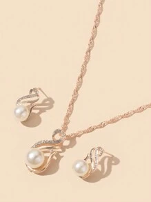 1pc Charm Rhinestone & Faux Pearl Water Drop Pendant Necklace And 1pair Earrings For Women, Holiday Birthday Present