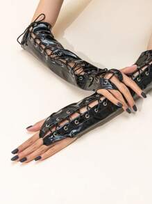 1pair Black Pu Leather Strap Punk Style Long Gloves - A - View 2