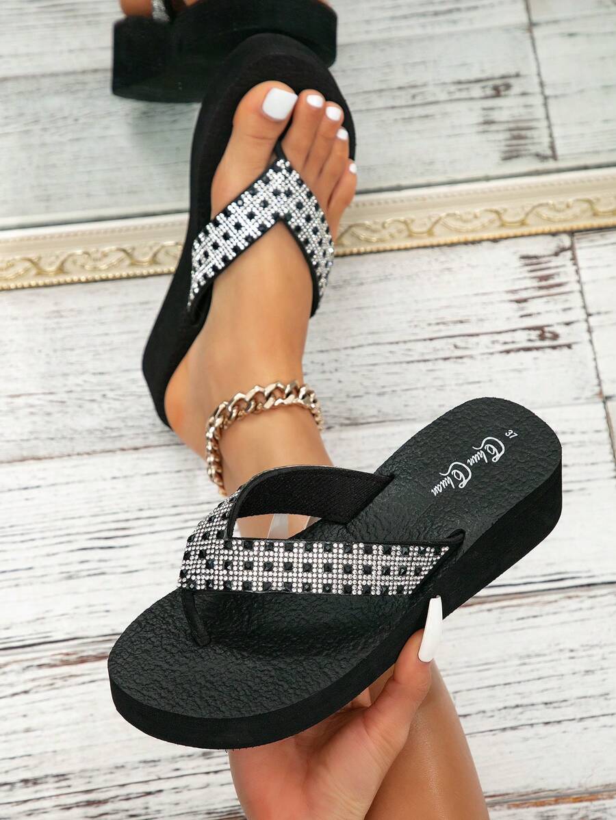Của phụ nữ Đồ trang trí Rhinestone Nền tảng Nêm Dép tông Với Chống trượt , Hoàn hảo Đối với bờ biển Kỳ nghỉ , Đen - màu đen - Xem 1