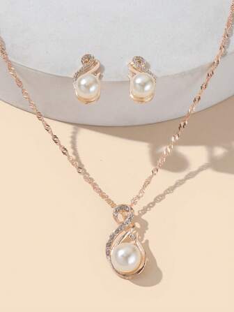 1セット/1個ネックレスと1ペアイヤリング、魅力的なクリスタルパールティアドロップペンダントネックレスとイヤリングセット、女性への休日や誕生日のギフト