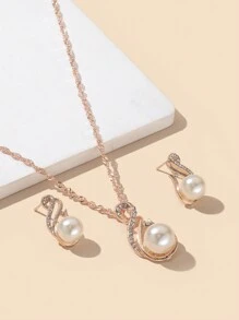 1pc Charm Rhinestone & Faux Pearl Water Drop Pendant Necklace And 1pair Earrings For Women, Holiday Birthday Present