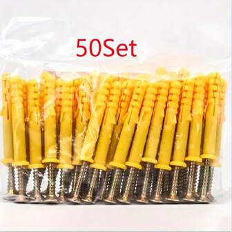 50pcs/Set, M6*30mm/1.181in, M6*40mm/1.575in Yellow Plastic Expansion Bolts, Expansion Bolt Assembly, M4 Self Tapping Screws, Plastic Expansion Screw Set