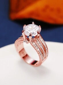 1枚时尚立方氧化锆戒指，女士结婚/订婚首饰，情人节礼物 - 玫瑰金 - 查看 3