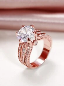 1枚时尚立方氧化锆戒指，女士结婚/订婚首饰，情人节礼物 - 玫瑰金 - 查看 2