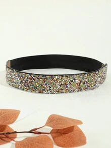 1pc Ladies' Casual Stretchable Red Rhinestone Decor Adjustable Wide Pu Belt, Suitable For Party Dress Match - Red - View 3