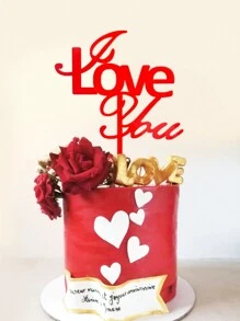 1个红色“我爱你”蛋糕装饰插牌，适用于情人节、周年纪念日、派对等场合 - 紅色 - 查看 1