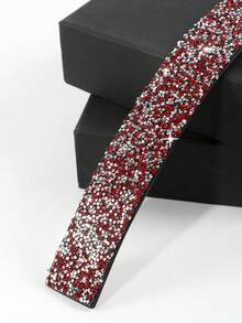 1pc Ladies' Casual Stretchable Red Rhinestone Decor Adjustable Wide Pu Belt, Suitable For Party Dress Match - Red - View 4