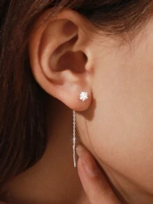 ELSEDES 1pair Fashionable Simple S925 Sterling Silver Inlaid Sparkling Star Shape Gemstone Earrings, Highlighting Charm And Quality Jewelry, Perfect For Women's Daily Outfits And Party Wear Wedding Engagement Bridal Jewelry - Silver - View 2