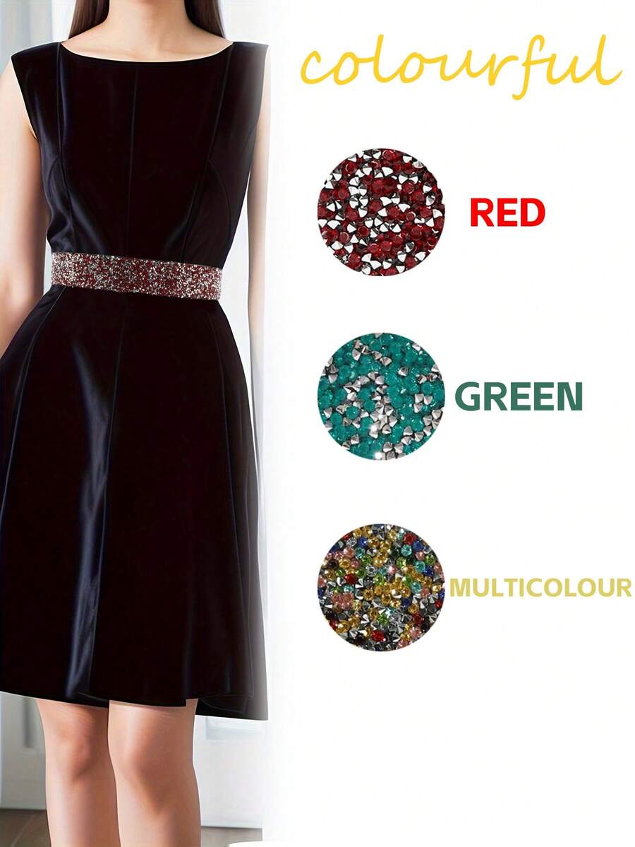 1pc Ladies' Casual Stretchable Red Rhinestone Decor Adjustable Wide Pu Belt, Suitable For Party Dress Match - Red - View 1