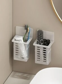 رف تخزين حمام مثبت على الحائط للفرش الأسنان، معجون الأسنان، المشط، ماكينات الحلاقة باللون الأبيض والأسود والشفاف، بدون حاجة للثقب، ديكور حمام المنزل، ديكور الخريف، عودة إلى المدرسة - شفاف - مشاهدة 6