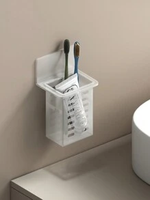 رف تخزين حمام مثبت على الحائط للفرش الأسنان، معجون الأسنان، المشط، ماكينات الحلاقة باللون الأبيض والأسود والشفاف، بدون حاجة للثقب، ديكور حمام المنزل، ديكور الخريف، عودة إلى المدرسة - شفاف - مشاهدة 4