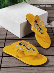 Beautiful Women's Flat Sandals, New Style Fashionable Butterfly Embroidery Flip Flops For Walking And Casualwear
