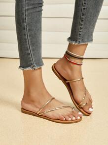 Plus Size Women's Plain Solid Gold Round Toe Flat Sandals With Thin Strap, Lightweight, Casual Slip-On, Beach Style, Spring/Summer - Gold - View 4