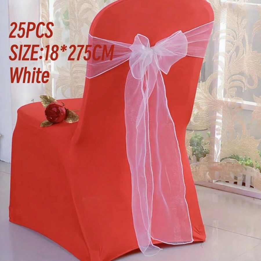 25入組白色花朵和紗布蝴蝶結婚禮派對椅背裝飾，適用於各種節日和派對，婚禮用品 - 白色 - 查看 1