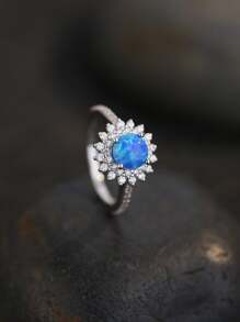 1pc S925 Sterling Silver Natural Australian Opal Cubic Zirconia Ring, Elegant And Luxury Square, Teardrop Or Round Styles For Women, Suitable For Everyday Wear Or Valentine's Day Gift