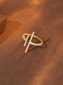 1pc 925 Sterling Silver Personalized Minimalist Geometric Line & Cubic Zirconia Open Ring - Yellow Gold - View 3