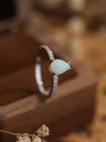 1 件 S925 纯银天然澳大利亚蛋白石方晶锆石多种形状戒指，适合女性日常佩戴，优雅奢华的情人节礼物 - 銀色 - 查看 4