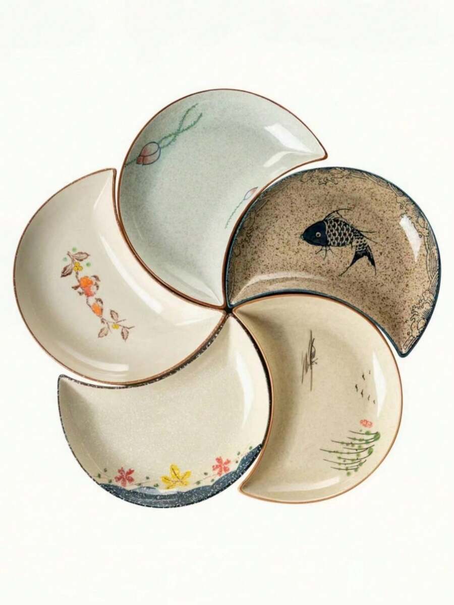 Juego De Platos De Cerámica Pintados A Mano, 1 Pieza Plato En Forma De Luna Para Fiesta, Reunión Con Varios Patrones De Flores Para Elegir - Naranja - Ver 1