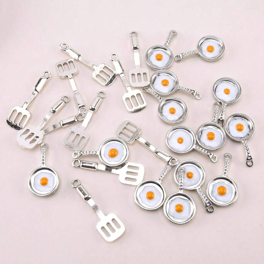 10pcs Alloy Imitation Pan Egg Spatula, Fun Kitchen Pendant For DIY Keychain Earring Making - Silver - View 1