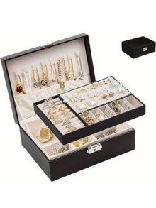 1 Pc Black Minimalist Double-Layer Large Capacity Flip Jewelry Storage Box, Wooden PU Leather Jewelry Box, Multi-Layer Sandwich Space Design, Large Capacity Storage Box, Suitable For Storing More Jewelry At Home, Accessory Storage - Black - View 8