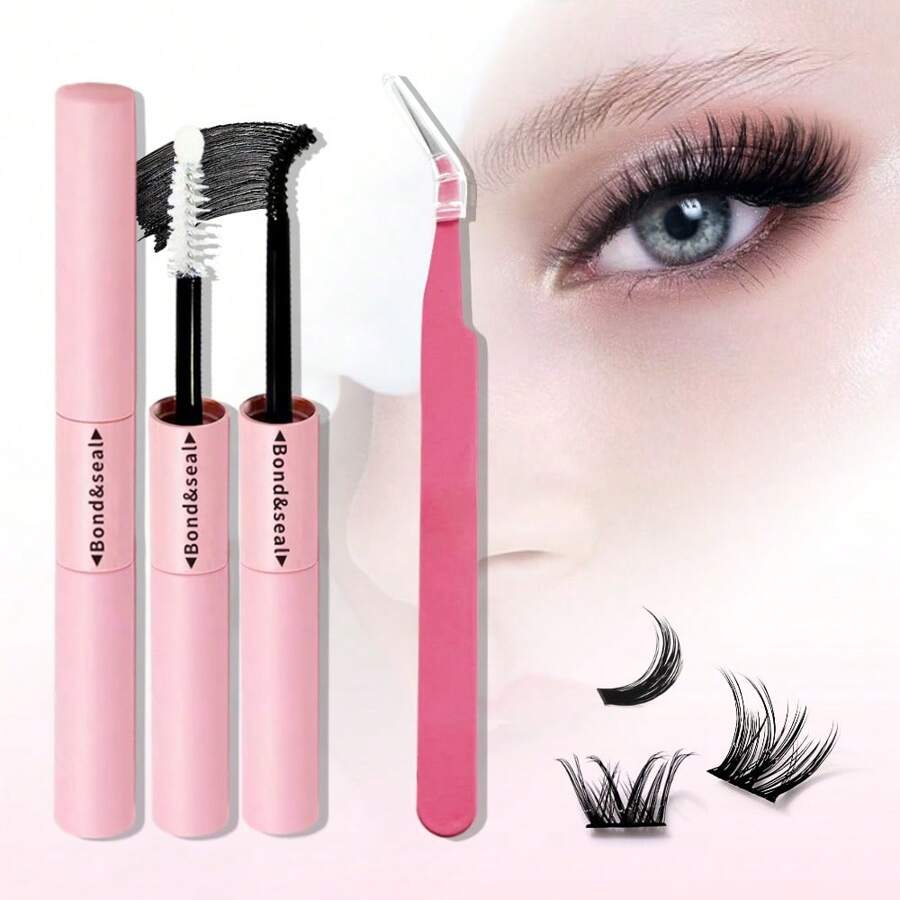 Wimpernkleber und Versiegelung für empfindliche Augen, rosa Wimpernkleber und Versiegelung sowie Pinzette, wasserfest, extrem starker Halt bis zu 72 Stunden, DIY Wimpernverlängerungs-Kleber, latexfrei (5ml+5ml, 1 Packung), Wimpernkleber und Versiegelung für Wimpernverlängerungs-Büschel, langanhaltender wasserfester DIY Wimpernverlängerungs-Kleber, Einzelwimpern-Kleber