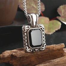 SeuSuk 1pc Minimalist Casual Square Geometric Pendant Necklace, Classic Retro Fashion Necklace For Men, Suitable For Daily Wear, Party, Gift - Silver - View 5