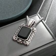 SeuSuk 1pc Minimalist Casual Square Geometric Pendant Necklace, Classic Retro Fashion Necklace For Men, Suitable For Daily Wear, Party, Gift - Silver - View 3