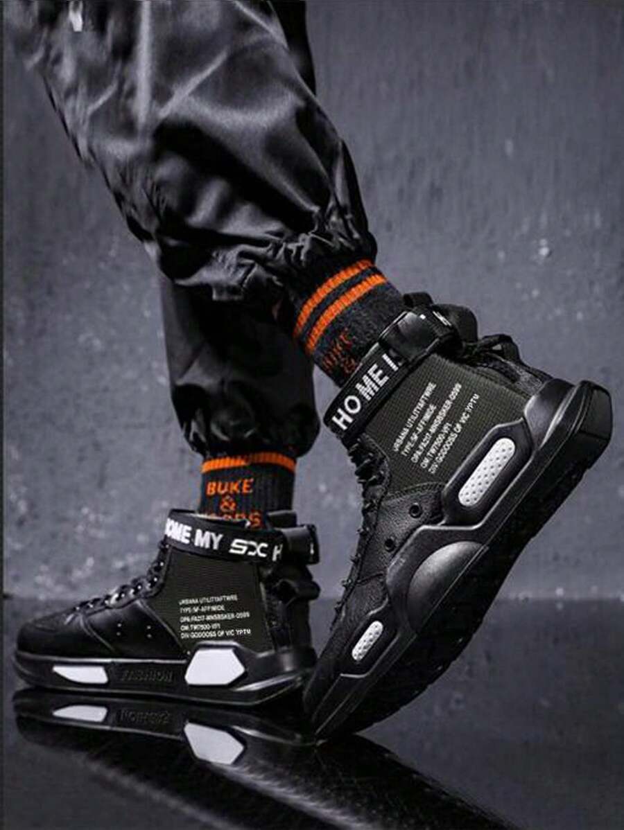 男士黑色籃球鞋平臺厚底運動鞋,春季新款高筒透氣網眼運動鞋,適合初中學生運動和休閒