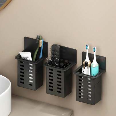 Zazumi Soporte de pared para cepillo de dientes y pasta de dientes para baño en colores blanco, negro y transparente con espacio para peine o afeitadora y gel de ducha (sin necesidad de perforar) Decoración del hogar y del baño, decoración de otoño, de vuelta a la escuela
