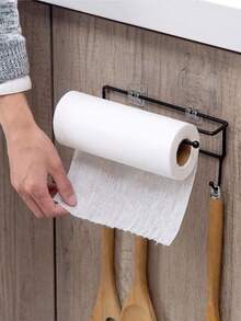 1pc Black Multifunctional Iron Cabinet Hanging Rack, No Drilling Needed, Hooks For Towels, Tissue Rolls, Storage For Various Kitchen Tools - Black - View 7