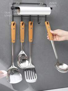 1pc Black Multifunctional Iron Cabinet Hanging Rack, No Drilling Needed, Hooks For Towels, Tissue Rolls, Storage For Various Kitchen Tools - Black - View 2