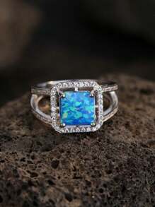 1pc S925 Sterling Silver Natural Australian Opal Cubic Zirconia Ring, Elegant And Luxury Square, Teardrop Or Round Styles For Women, Suitable For Everyday Wear Or Valentine's Day Gift