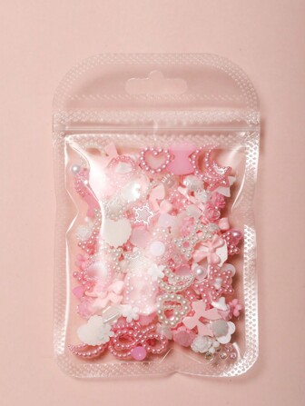 50Pcs 3D Kawaii Pink White Mixed Bow Flower Star Moon Multi-Model Mixed Rambom Resin Nail Art Pendant Y2K Cartoon Faux Pearl Pink White Heart Shape Mini Round Nail Rhinestone Ornament Diy Accessories Supplies Nail Charms Nail Gems Nails