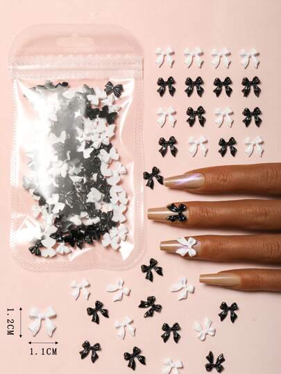 50Pcs 3D White And Black Kawaii Bow Mixed Rambom Resin Nail Art Pendant Parts Y2K Flat Bottom Glossy Ribbon Cartoon Four Seasons Style Casual Women Nail Rhinestone Ornament Diy Accessories Supplies For Outdoor Party Nail Charms Nail Gems Nails