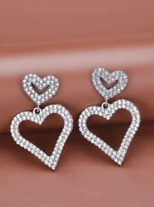 Rhinestone Decor Heart Charm Drop Earrings - Silver - View 2