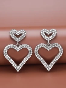 Rhinestone Decor Heart Charm Drop Earrings - Silver - View 1