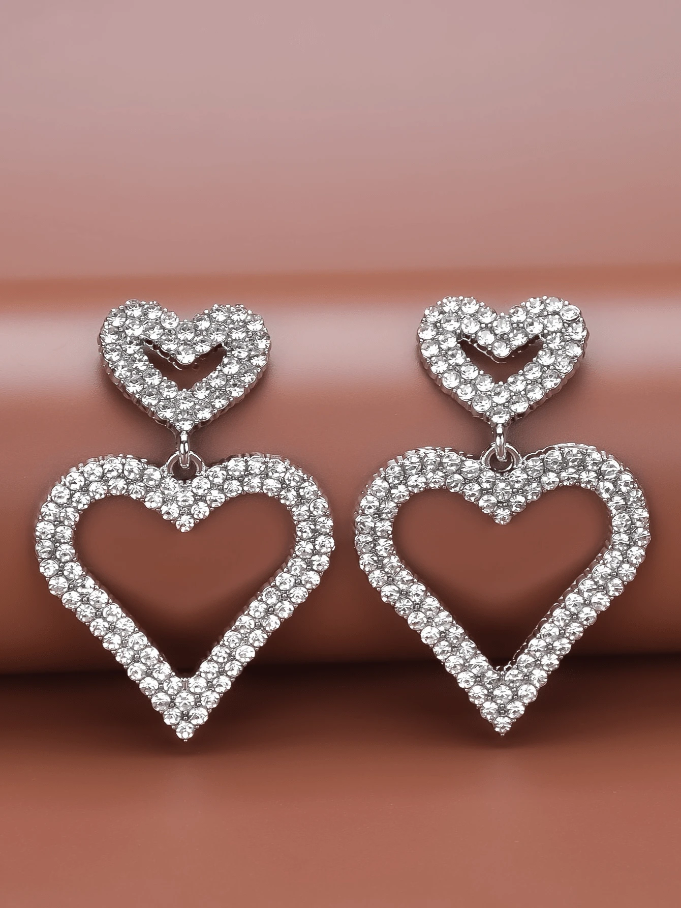 Rhinestone Decor Heart Charm Drop Earrings - Silver - View 1