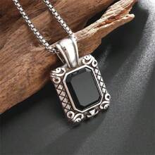 SeuSuk 1pc Minimalist Casual Square Geometric Pendant Necklace, Classic Retro Fashion Necklace For Men, Suitable For Daily Wear, Party, Gift - Silver - View 4
