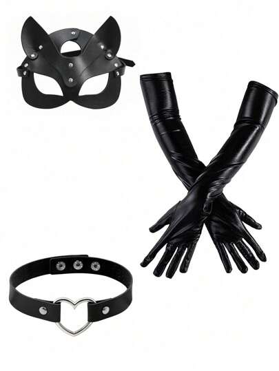 1pc Black Punk Stage Performance Costume Set Including Eye Mask, Heart Shaped Choker And 55cm Patent Leather Gloves Harness Halloween Prom