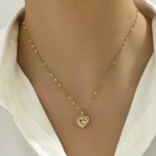 1 件镀金不锈钢链方晶锆石镶嵌心形吊坠项链，时尚设计，百搭，适合女性街头装、日常生活、通勤、节日、派对装情人节、妈妈、母亲、母亲节、礼物