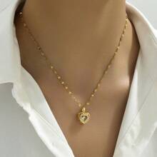 1 件镀金不锈钢链方晶锆石镶嵌心形吊坠项链，时尚设计，百搭，适合女性街头装、日常生活、通勤、节日、派对装情人节、妈妈、母亲、母亲节、礼物