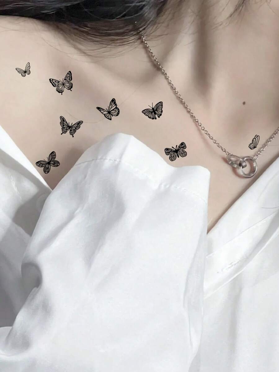 (2入組/套)男女適用黑白蝴蝶圖案防水持久性3d暫時性紋身貼紙,適用於裝飾腳踝、手指、手臂、頸部、耳朵等部位。 - 彩色 - 查看 1