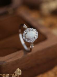 1 件 S925 纯银天然澳大利亚蛋白石方晶锆石多种形状戒指，适合女性日常佩戴，优雅奢华的情人节礼物 - 銀色 - 查看 6