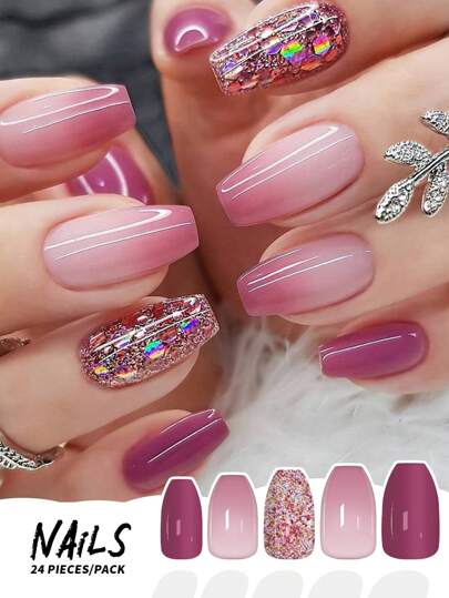 24本セット マニキュアネイル アーモンド形状 スタイリッシュ ピンク＆パープルグラデーション グリッター光沢フル装着 パーティー、ダンス、デイリーウェアにぴったり