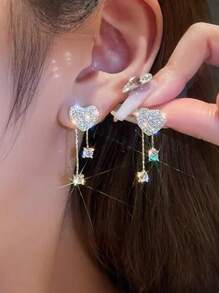 Rhinestone Decor Heart Charm Drop Earrings - Silver - View 9