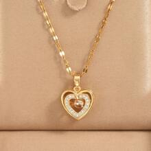 1pc Gold-Plated Stainless Steel Cz Cube & Moving Heart Design Pendant Necklace, Cute Unique Style For Casual, Vintage, Fashionable, Streetwear, Commuting, Festival Party Look Of Women Valentines - Gold - View 2