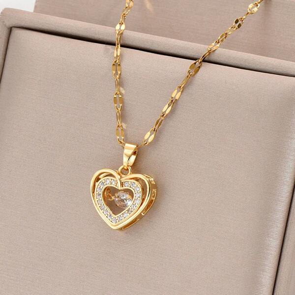 1pc Gold-Plated Stainless Steel Cz Cube & Moving Heart Design Pendant Necklace, Cute Unique Style For Casual, Vintage, Fashionable, Streetwear, Commuting, Festival Party Look Of Women Valentines