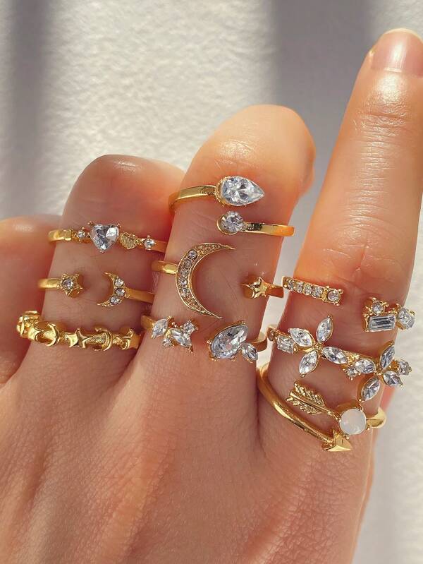 9 Piezas Anillo De Set De Diamante De Gota De Agua De Estrella Y Luna